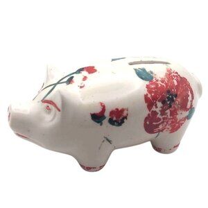 Vintage MCM Handpainted Floral Ceramic Piggy Bank 6" Stopperless 1940s
